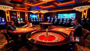 Experience the thrill of gaming at 7upbet with luxury casino tables and vibrant slot machines.