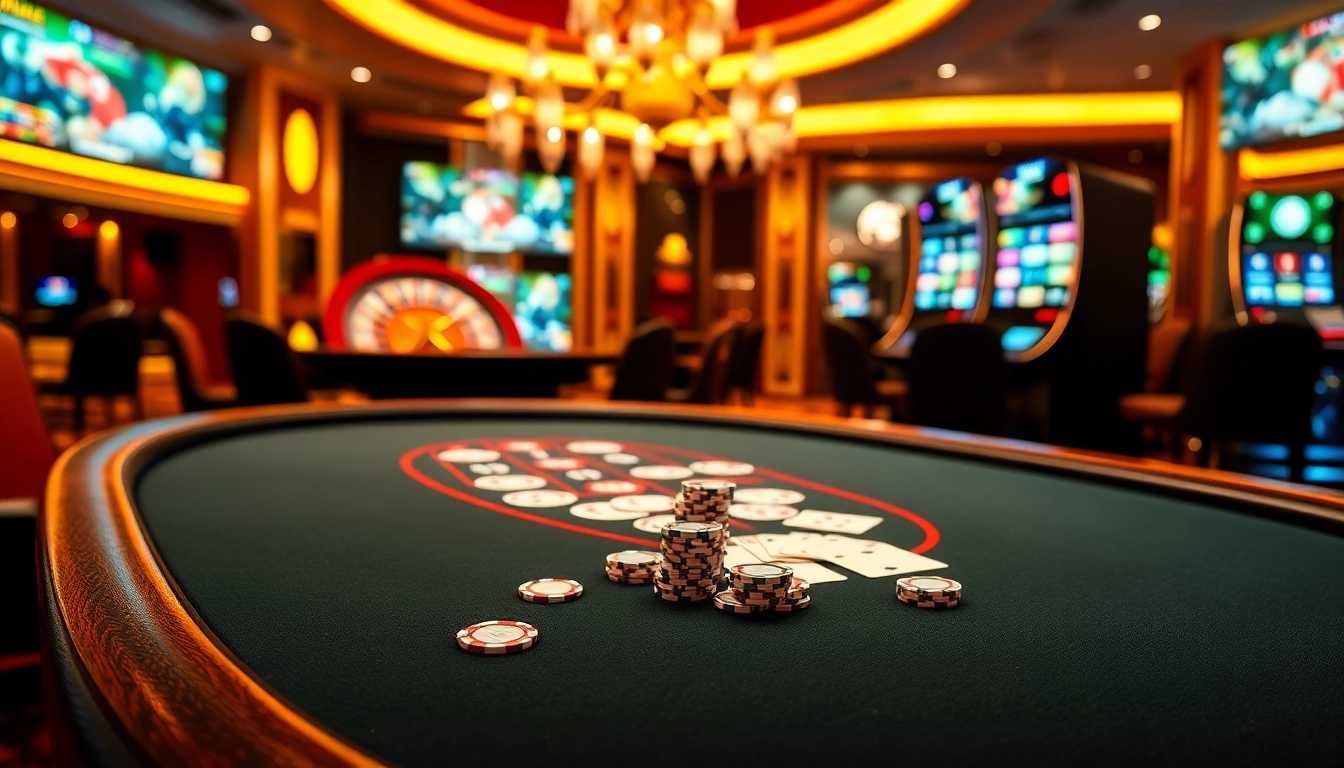 The energetic ambiance of a luxury casino and online gambling experience at https://xx88.nl/, featuring blackjack and roulette tables.
