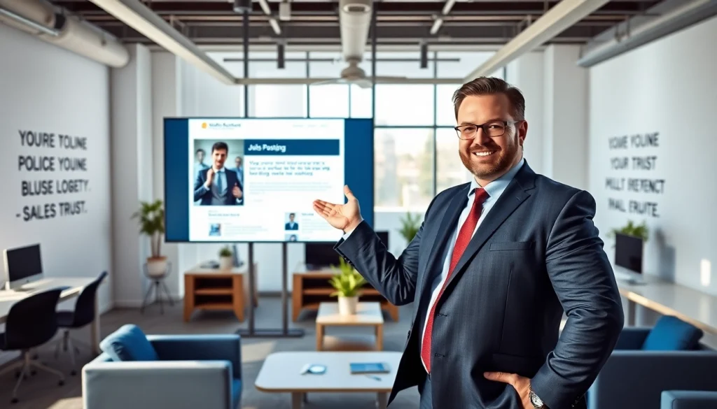 Highlight where to post sales jobs with a dynamic illustration of a professional in a modern office.