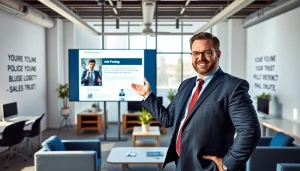 Highlight where to post sales jobs with a dynamic illustration of a professional in a modern office.
