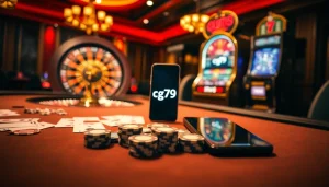 Cảnh chơi đánh bạc đầy hứng khởi làm nổi bật ứng dụng CG79 với các yếu tố casino sống động và các ván poker.