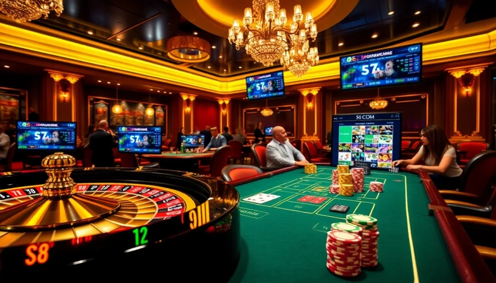 Experience the thrill of gaming at S8.COM with vibrant casino visuals featuring roulette and poker tables.