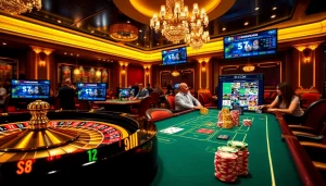 Experience the thrill of gaming at S8.COM with vibrant casino visuals featuring roulette and poker tables.