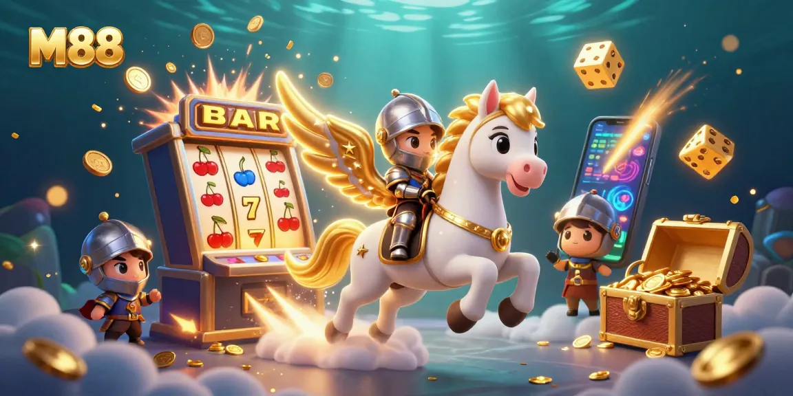 Experience the thrill of M88 with a vibrant illustration of a magical casino atmosphere featuring a celestial horse and jackpot elements.