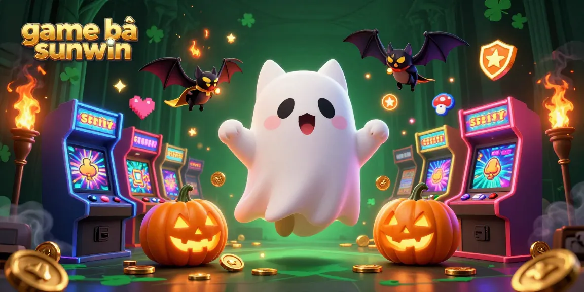 Engaging scene with game bài sunwin featuring a friendly ghost cat, bat, and glowing jack-o-lanterns.