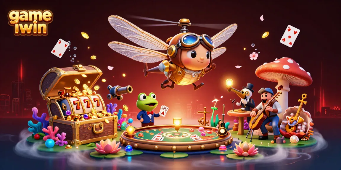 Engage in game iwin with a 3D scene featuring a dragonfly pilot, frog dealer, and vibrant casino elements.