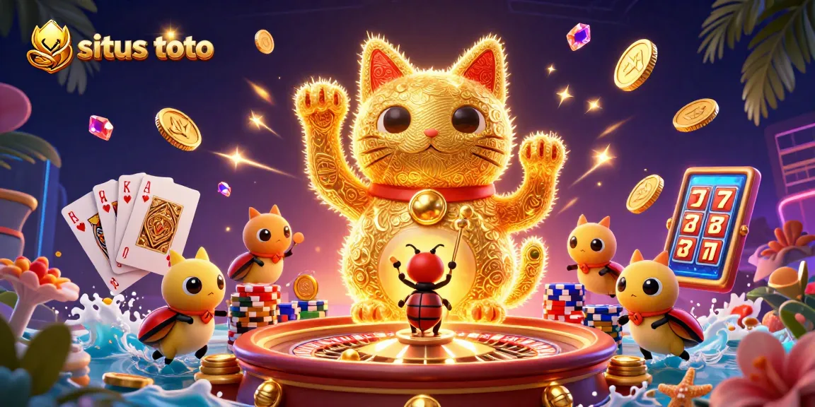 Experience situs toto excitement with a giant lucky cat amid dazzling casino symbols and dynamic game elements.