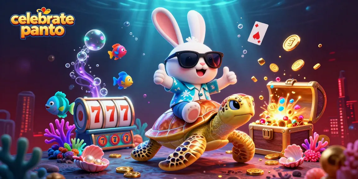 Celebratepanto slots excitement with a lucky rabbit and golden sea turtle in a vibrant underwater casino scene.
