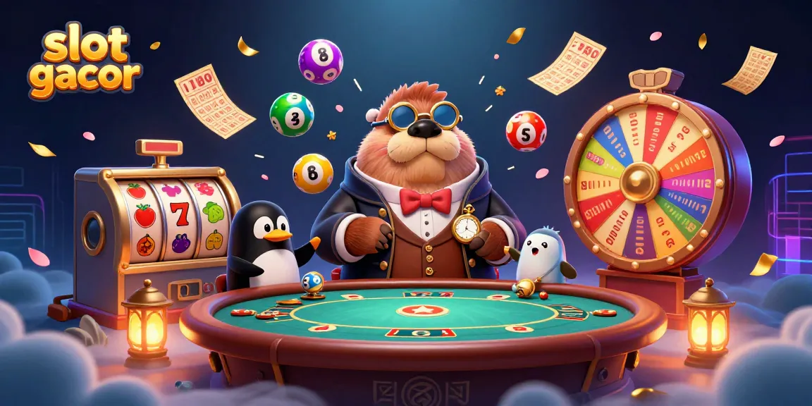 Experience the excitement of slot gacor with a jolly walrus, penguin dealer, and pufferfish in an illustrated casino scene.